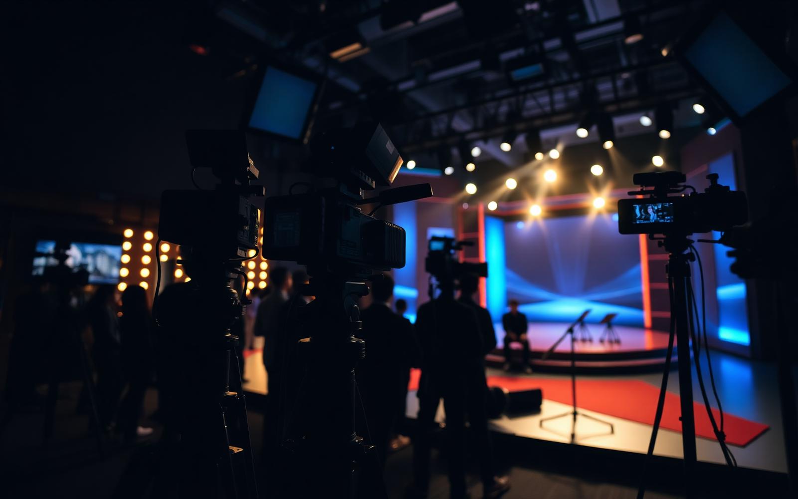 Independent unscripted television studio during production, illuminated set with broadcast cameras